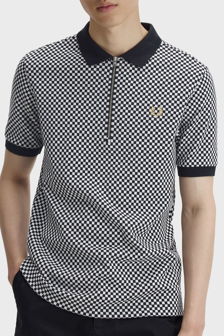 Fred Perry Dama Desenli % 100 Pamuk Regular Fit Yarım Fermuarlı Erkek Polo M2399 102 SİYAH-BEYAZ - Fred Perry
