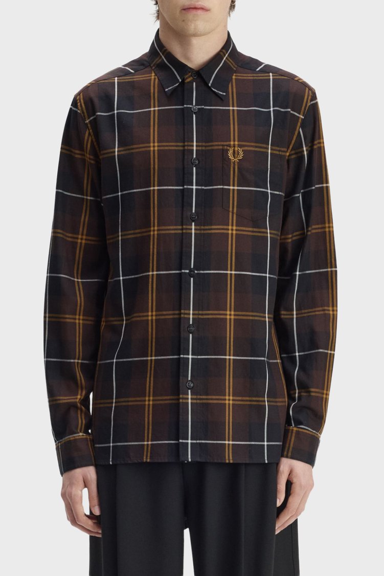 Fred Perry Ekoseli % 100 Pamuk Düğmeli Yaka Erkek Gömlek M3457 33C Kahve - Fred Perry