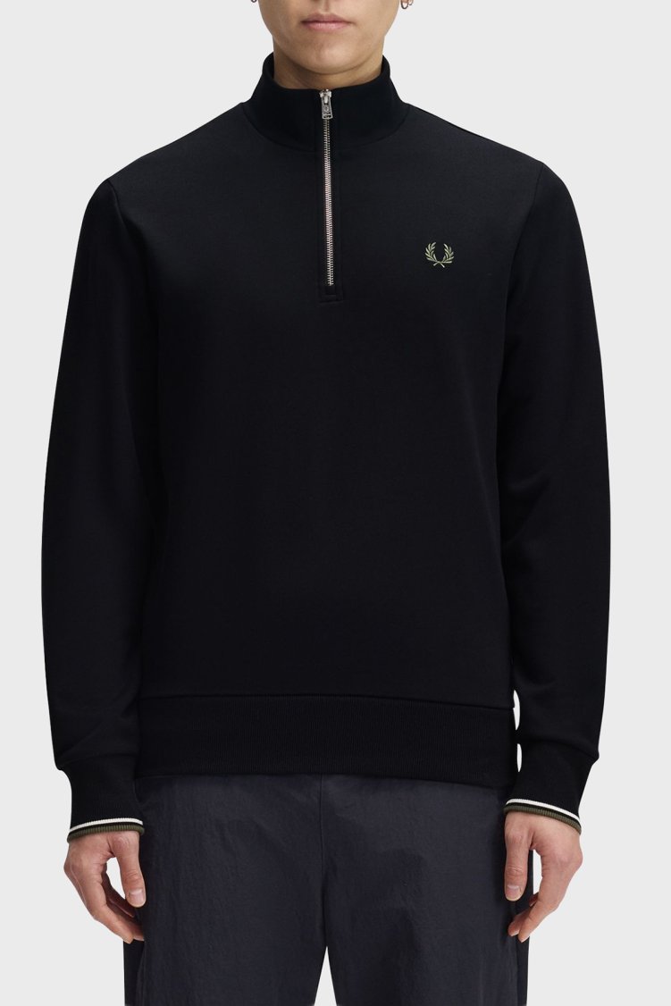 Fred Perry Logolu Pamuklu Yarım Fermuarlı Dik Yaka Erkek Sweat M3574 W54 Siyah - Fred Perry