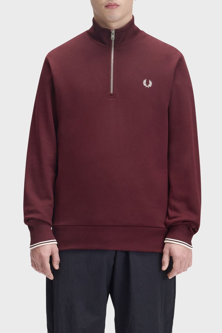 Fred Perry Logolu Pamuklu Yarım Fermuarlı Erkek Sweat M3574 64A Bordo - Fred Perry
