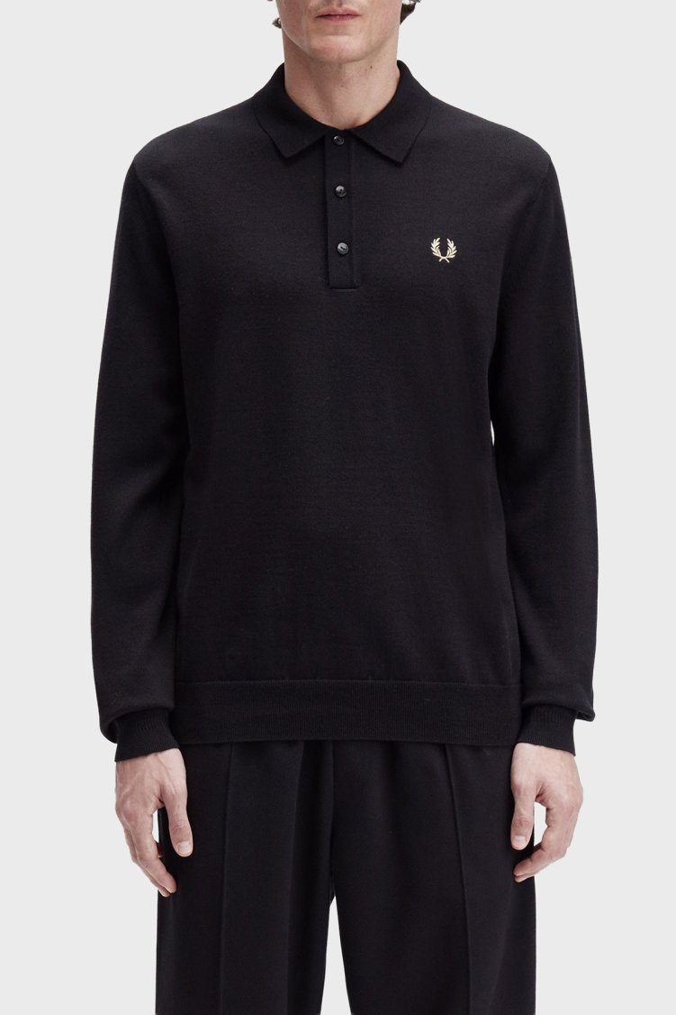 Fred Perry Logolu Yün Karışımlı Regular Fit Düğmeli Erkek Polo Yaka Kazak K4535 220 SİYAH - Fred Perry