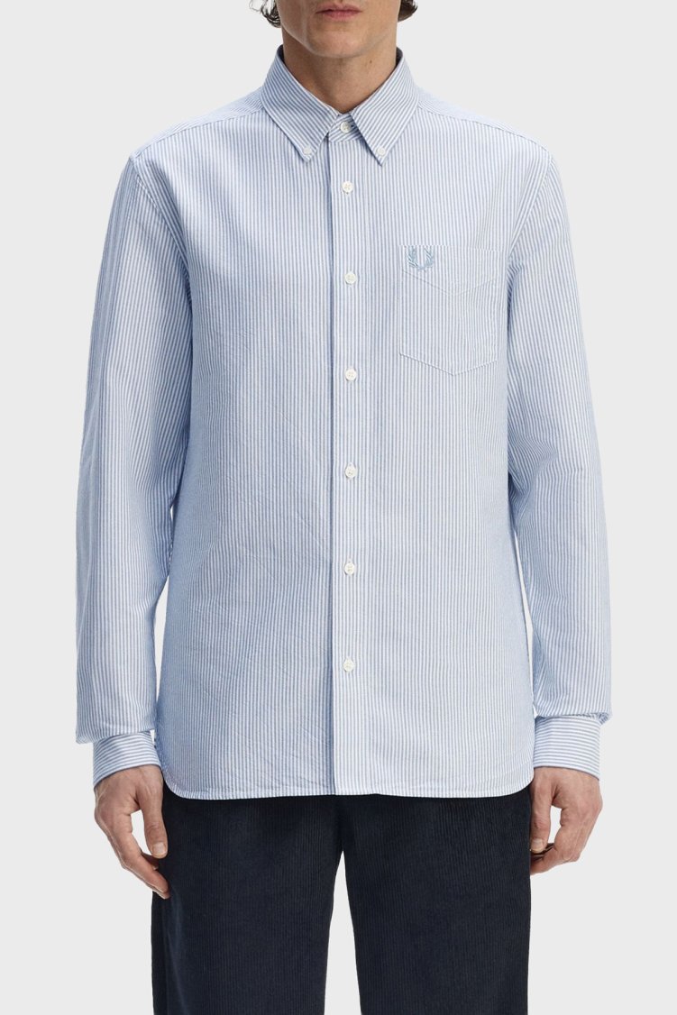Fred Perry Pamuklu Regular Fit Çizgili Uzun Kollu Erkek Gömlek M1768 38A MAVİ - Fred Perry