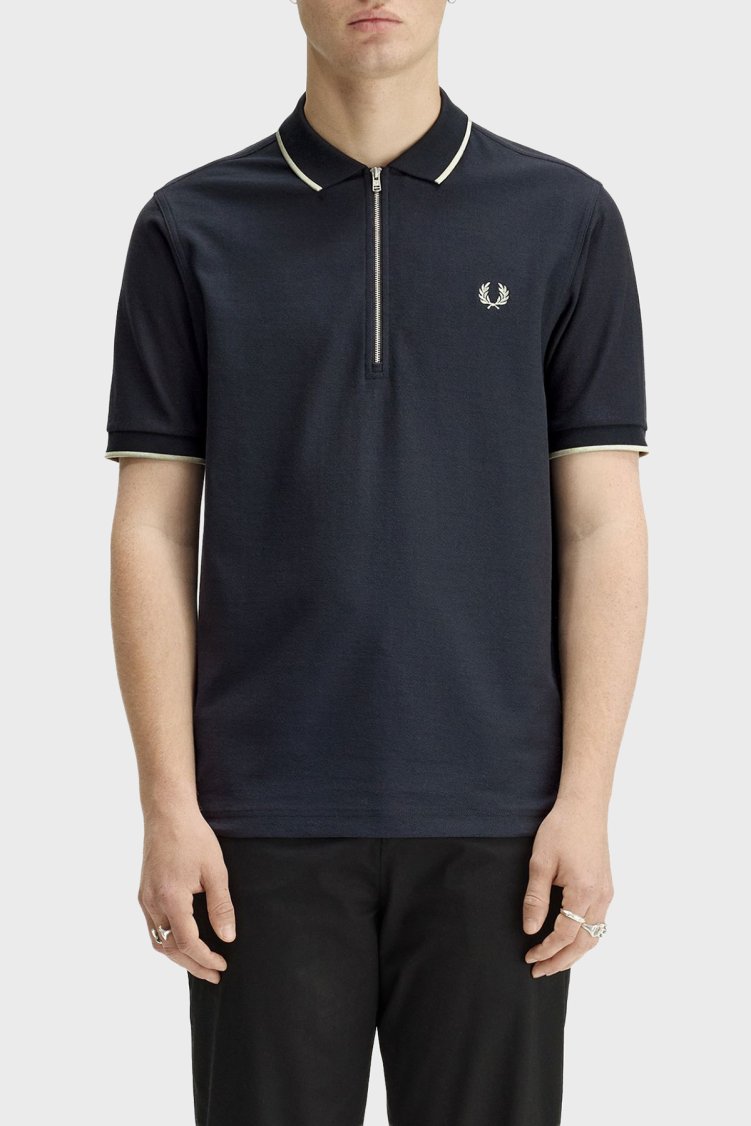 Fred Perry Şerit Detaylı % 100 Pamuk Regular Fit Yarım Fermuarlı Erkek Polo M2383 608 LACİVERT - Fred Perry