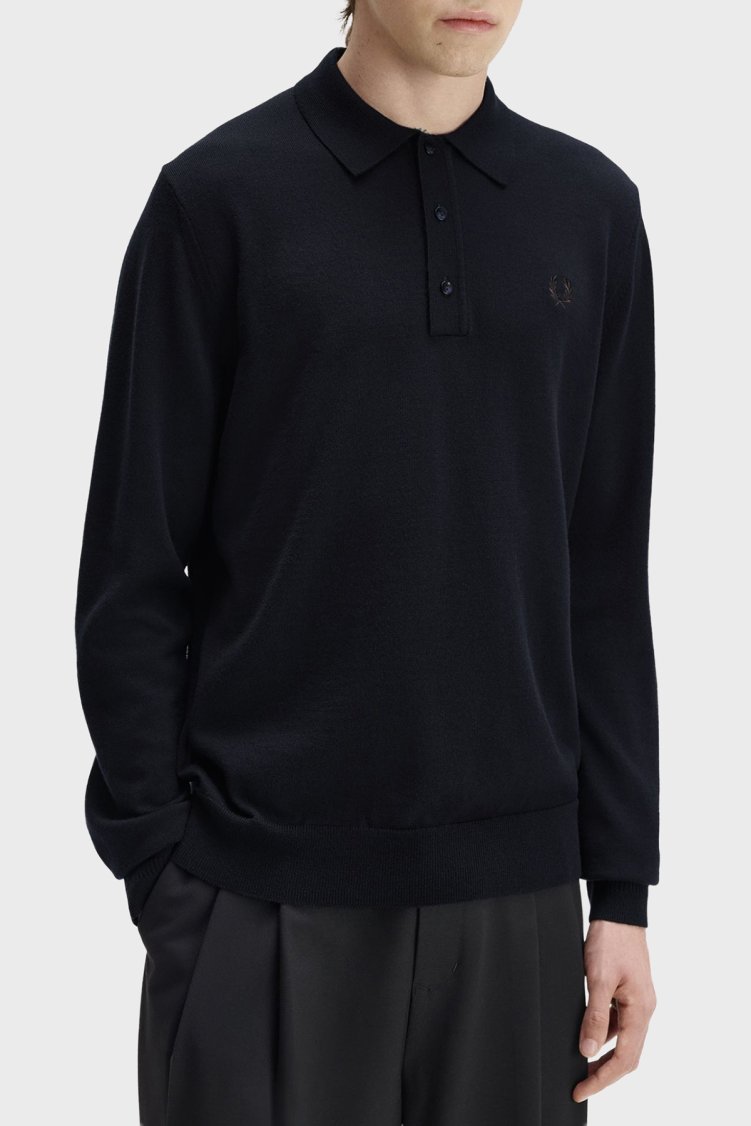 Fred Perry Yün ve Pamuk Karışımlı Düğmeli Erkek Polo K4535 421 Lacivert - Fred Perry