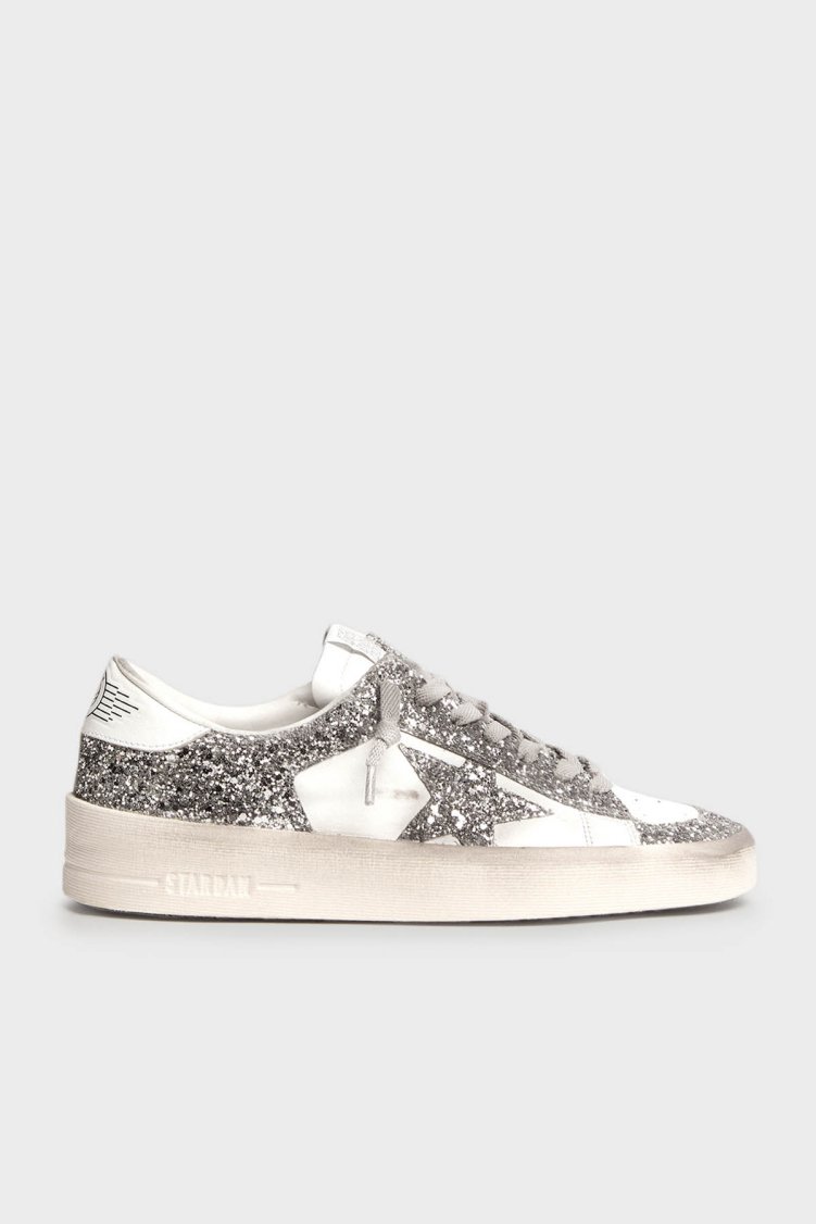 Golden Goose Logolu Simli Deri Sneaker Bayan Ayakkabı GWF00128.F002185.80185 GÜMÜŞ - Golden Goose