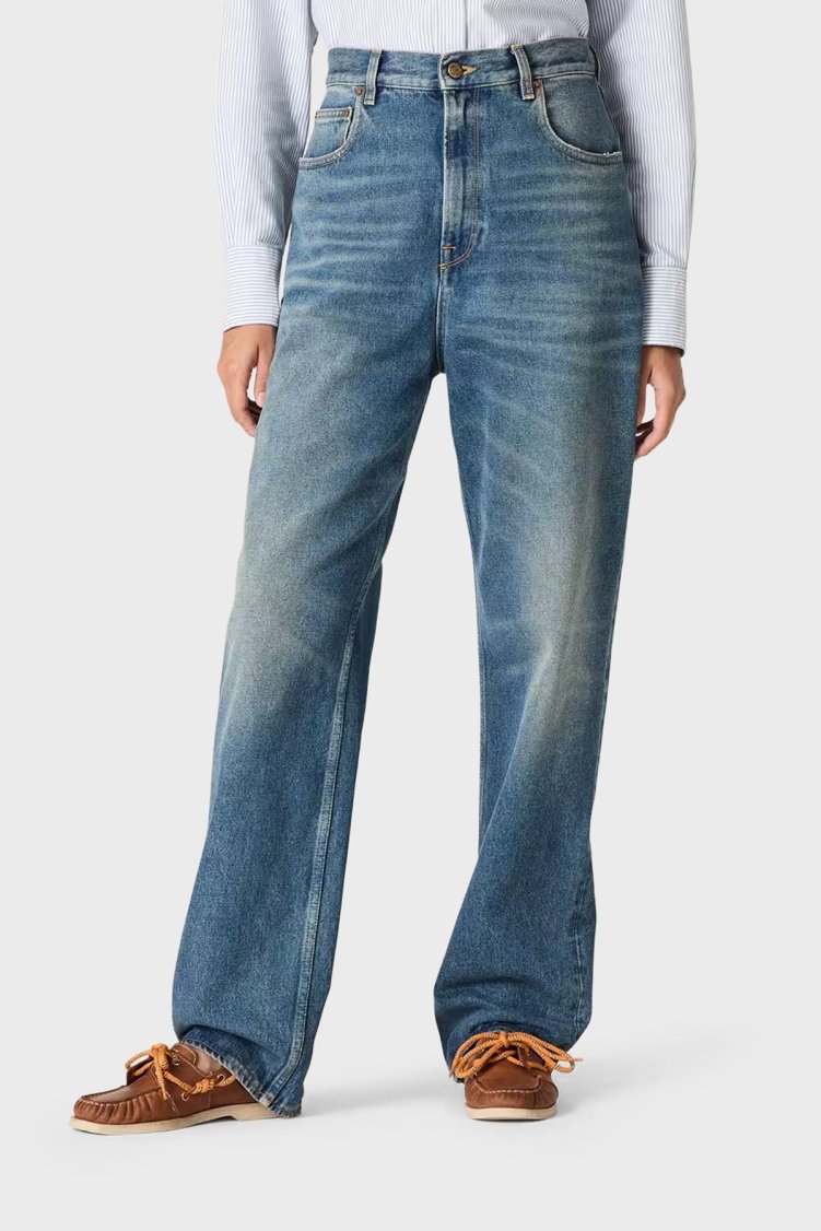 Golden Goose Pamuklu Loose Fit Yüksek Bel Jeans Kadın Kot Pantolon GWP02079.P000621.50100 Lacivert - Golden Goose