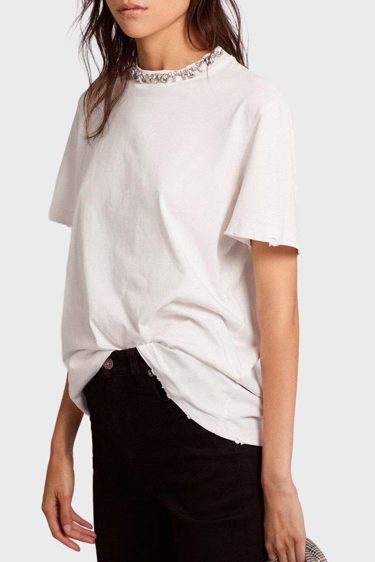 Golden Goose Pamuklu Regular Fit Parlak Taşlı Sıfır Yaka Kadın T Shirt GWP01220.P000673.10363 Beyaz - Golden Goose