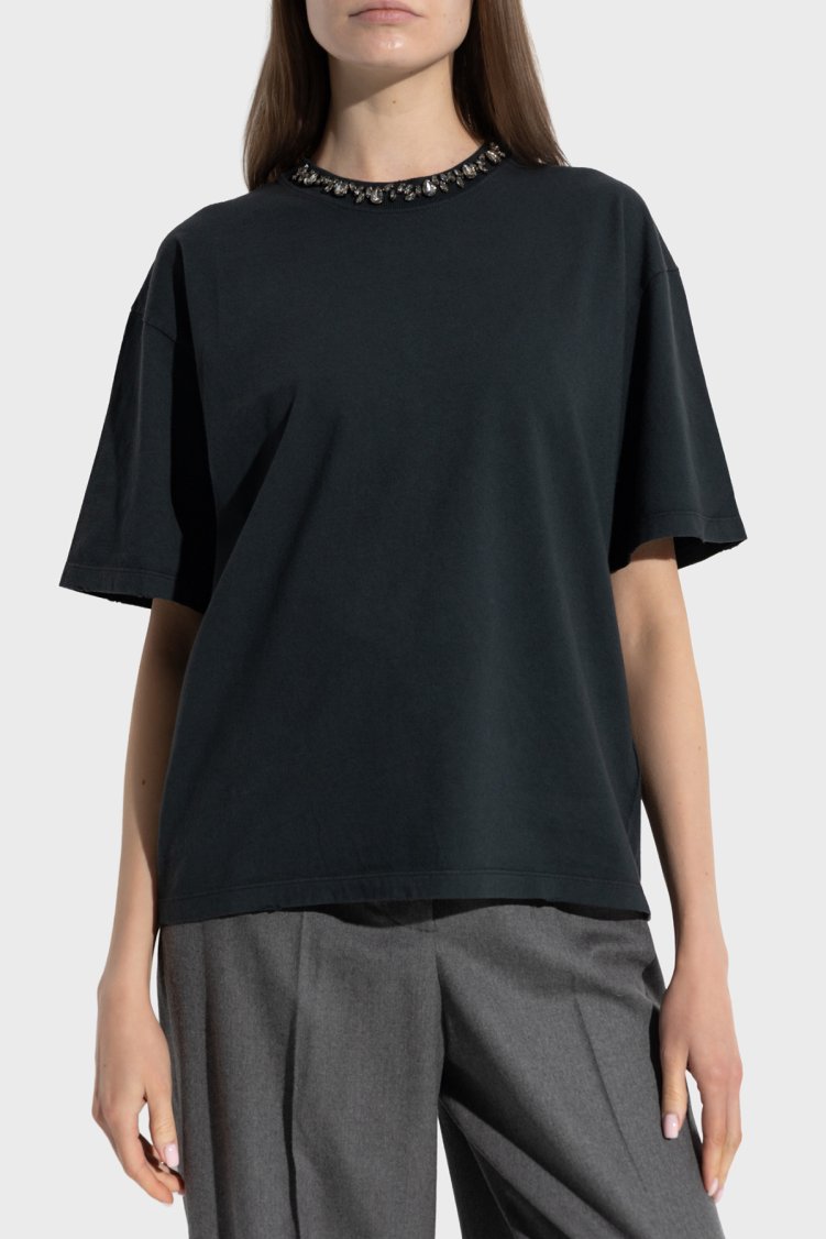 Golden Goose Taş Detaylı Pamuklu Boxy Fit Bisiklet Yaka Kadın T Shirt GWP01874.P001897.90456 Siyah - Golden Goose
