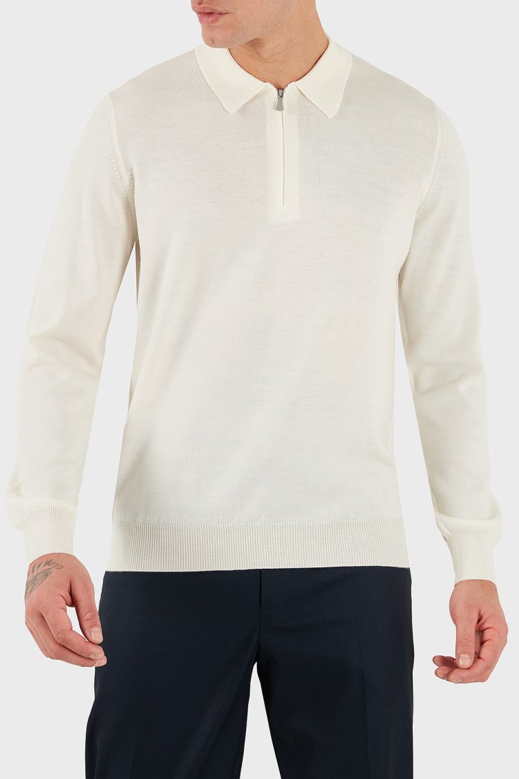 Gran Sasso % 100 Yün Regular Fit Yarım Fermuarlı Erkek Polo Yaka Kazak 55125 14290 005 EKRU - Gran Sasso