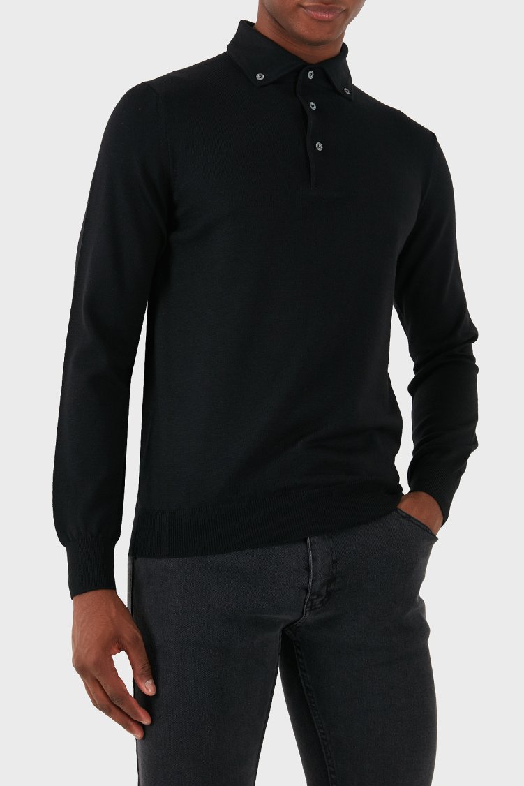 Gran Sasso % 100 Yün Slim Fit Düğmeli Erkek Polo Yaka Sweat 57163 14293 099 SİYAH - Gran Sasso