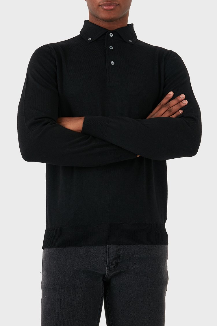 Gran Sasso % 100 Yün Slim Fit Düğmeli Erkek Polo Yaka Sweat 57163 14293 099 SİYAH - Gran Sasso (1)