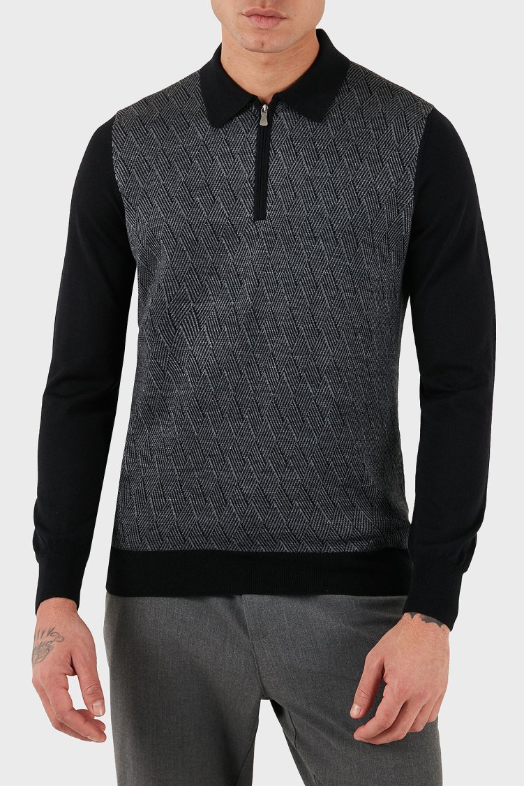 Gran Sasso Desenli Yün ve Pamuk Karışımlı Slim Fit Yarım Fermuarlı Polo Yaka Erkek Kazak 57137 13126 099 SİYAH - Gran Sasso