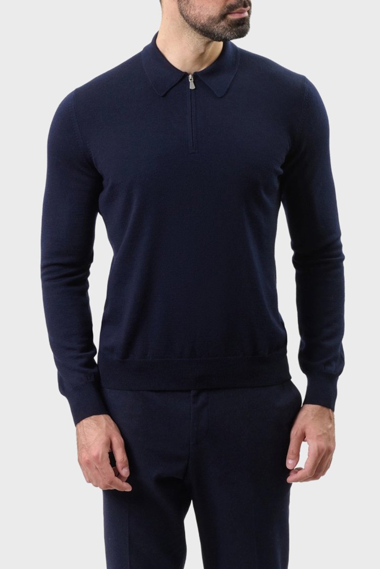 Gran Sasso Fitilli % 100 Yün Regular Fit Yarım Fermuarlı Erkek Polo Yaka Kazak 55125 14290 598 LACİVERT - Gran Sasso