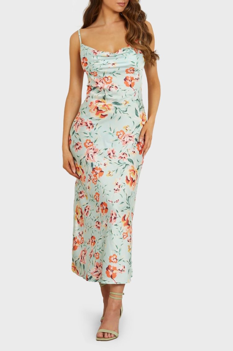 Guess Akilina Slim Fit İp Askılı Uzun Saten W3GK85WD8G2 Bayan Elbise W3GK85 WD8G2 P7NG YEŞİL - Guess