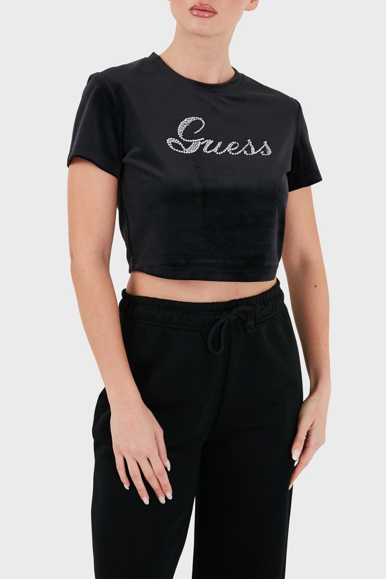 Guess Amalia Logolu Regular Fit Bisiklet Yaka Crop V6BI10K6306 Kadın T Shirt V6BI10 K6306 JBLK Siyah - Guess