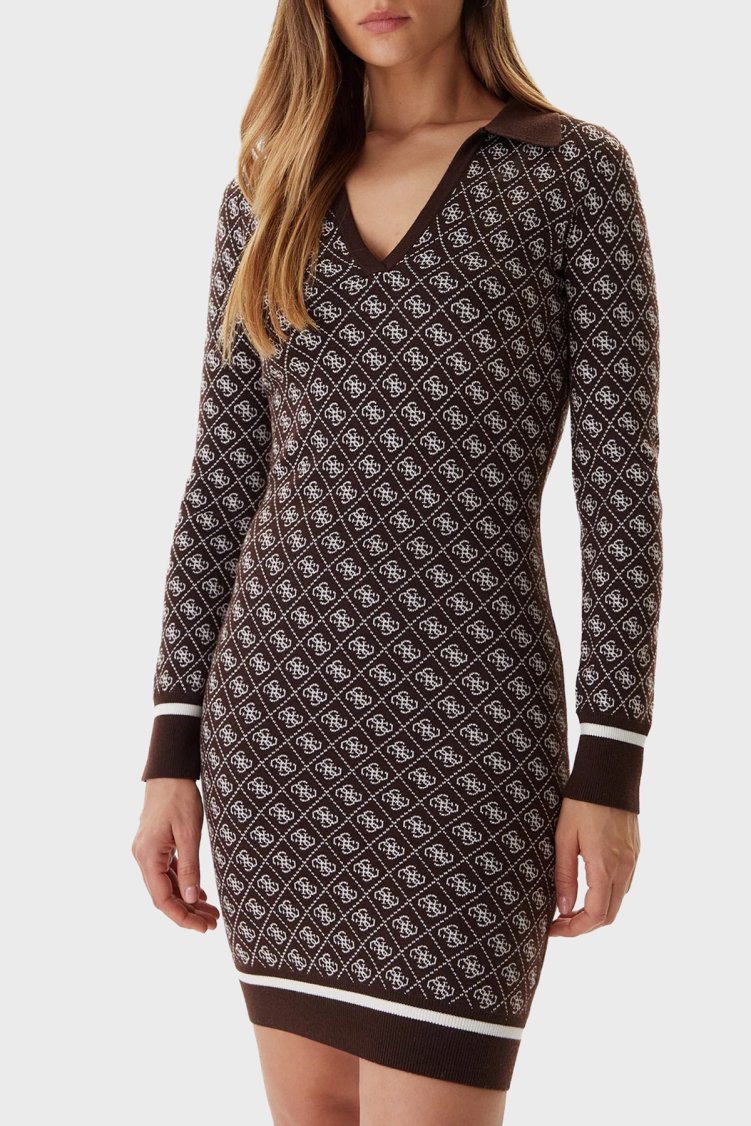 Guess Aubrey Yün Karışımlı Logolu Slim Fit V Yaka Mini W5BK25Z3JD2 Bayan Elbise W5BK25 Z3JD2 FNHT KAHVE - Guess