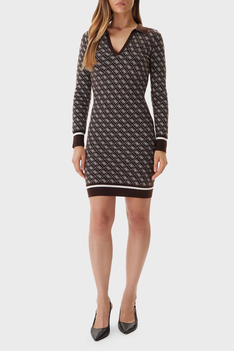 Guess Aubrey Yün Karışımlı Logolu Slim Fit V Yaka Mini W5BK25Z3JD2 Bayan Elbise W5BK25 Z3JD2 FNHT KAHVE - Guess (1)