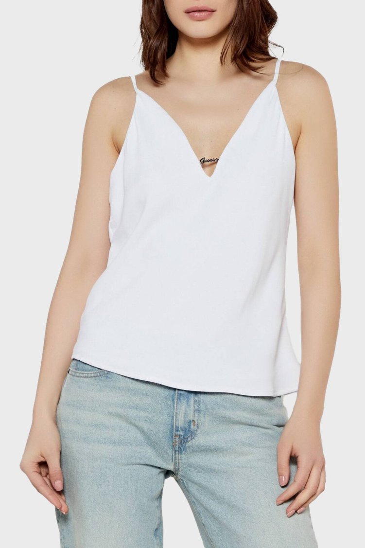 Guess Caroline Regular Fit V Yaka Logolu W5GH58WGLD2 Kadın Top W5GH58 WGLD2 G011 BEYAZ - Guess