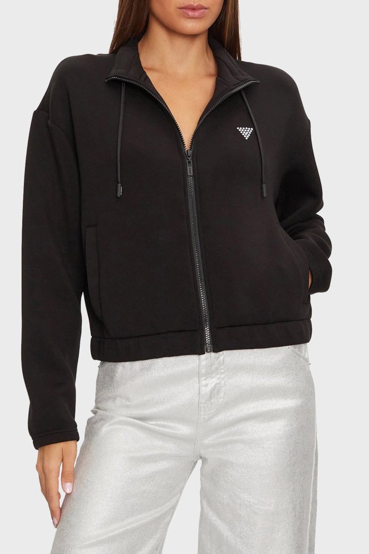 Guess Ceilia Regular Fit Dik Yaka Fermuarlı Arkası Taşlı Logolu V4BQ14K7UW2 Bayan Sweat V4BQ14 K7UW2 JBLK SİYAH - Guess