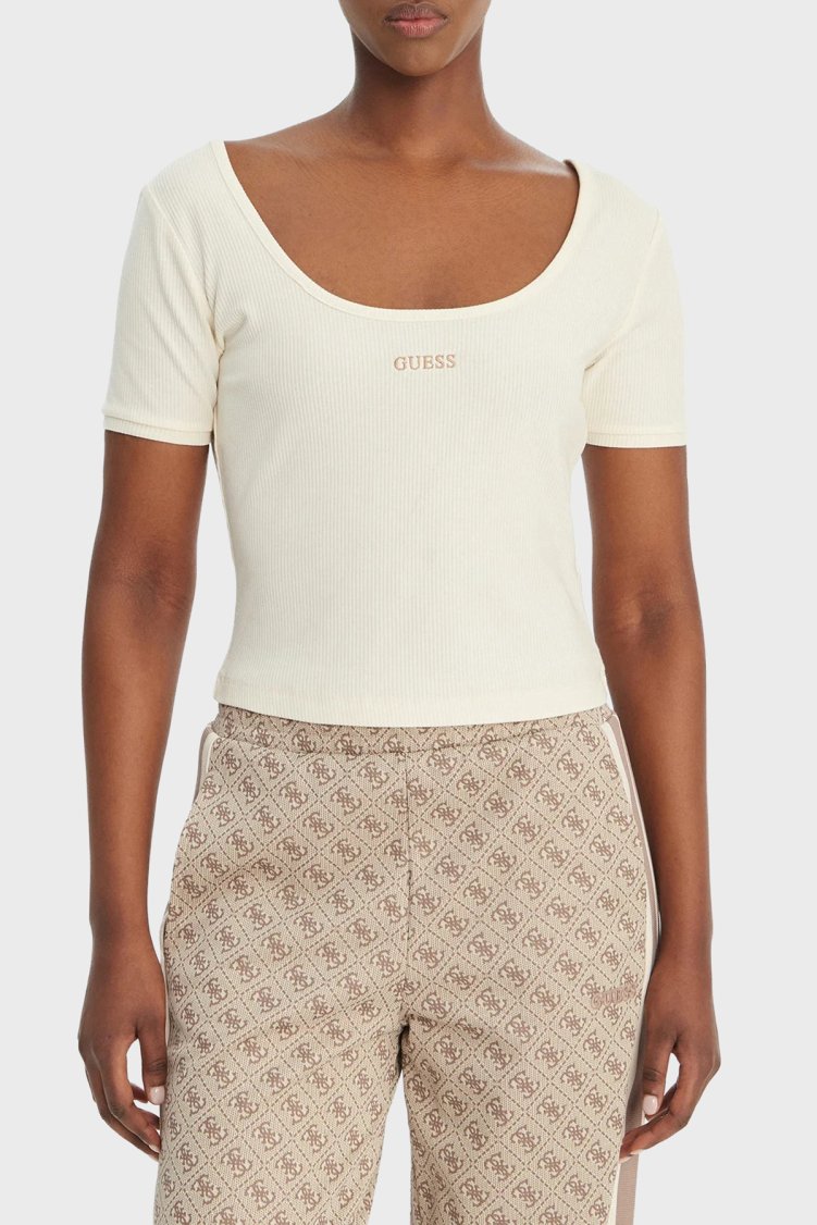 Guess Circe Slim Fit Logo işlemeli Derin Yuvarlak Yaka V6GP04K2969 Bayan Top V6GP04 K2969 G1O6 KREM - Guess
