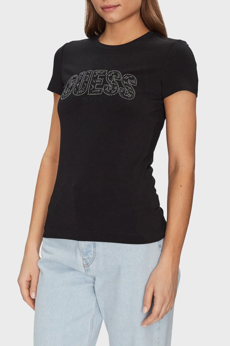 Guess Cn Ss Logo Streç Pamuklu Slim Fit Bisiklet Yaka W5GI04J1314 Bayan T Shirt W5GI04 J1314 JBLK SİYAH - Guess