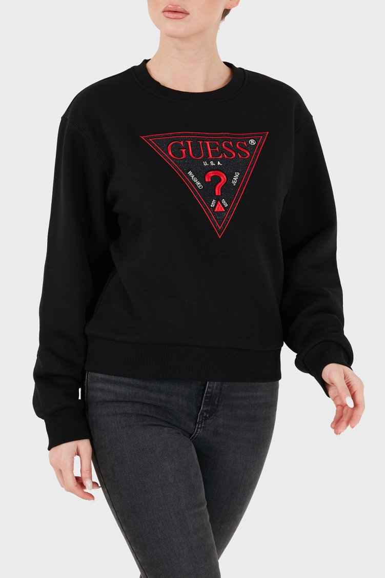 Guess Cn Triangle Flock Logolu Pamuklu Bisiklet Yaka W6BQ16K6064 Kadın Sweat W6BQ16 K6064 JBLK Siyah - Guess