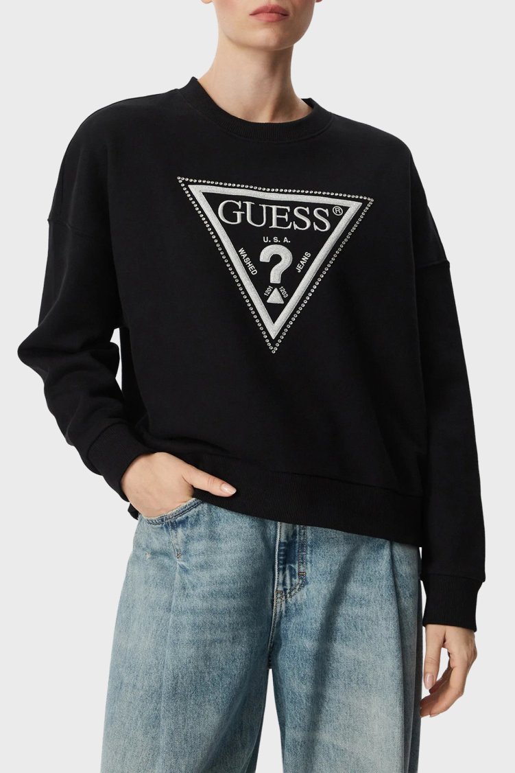 Guess Cn Triangle Glitter W6YQ14K4352 Kadın Sweat W6YQ14 K4352 JBLK Siyah - Guess