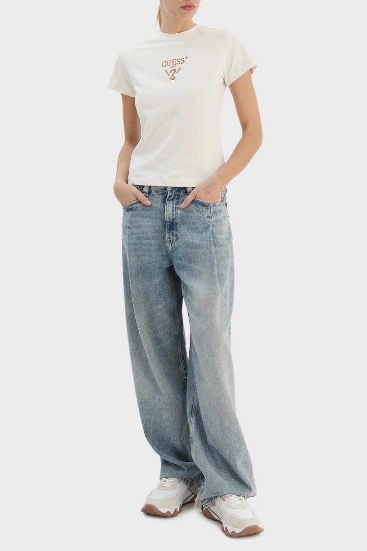 Guess Colette Pamuklu Slim Fit Logolu Bisiklet Yaka V4YI21KCDH1 Bayan T Shirt V4YI21 KCDH1 D001 BEYAZ - Guess (1)