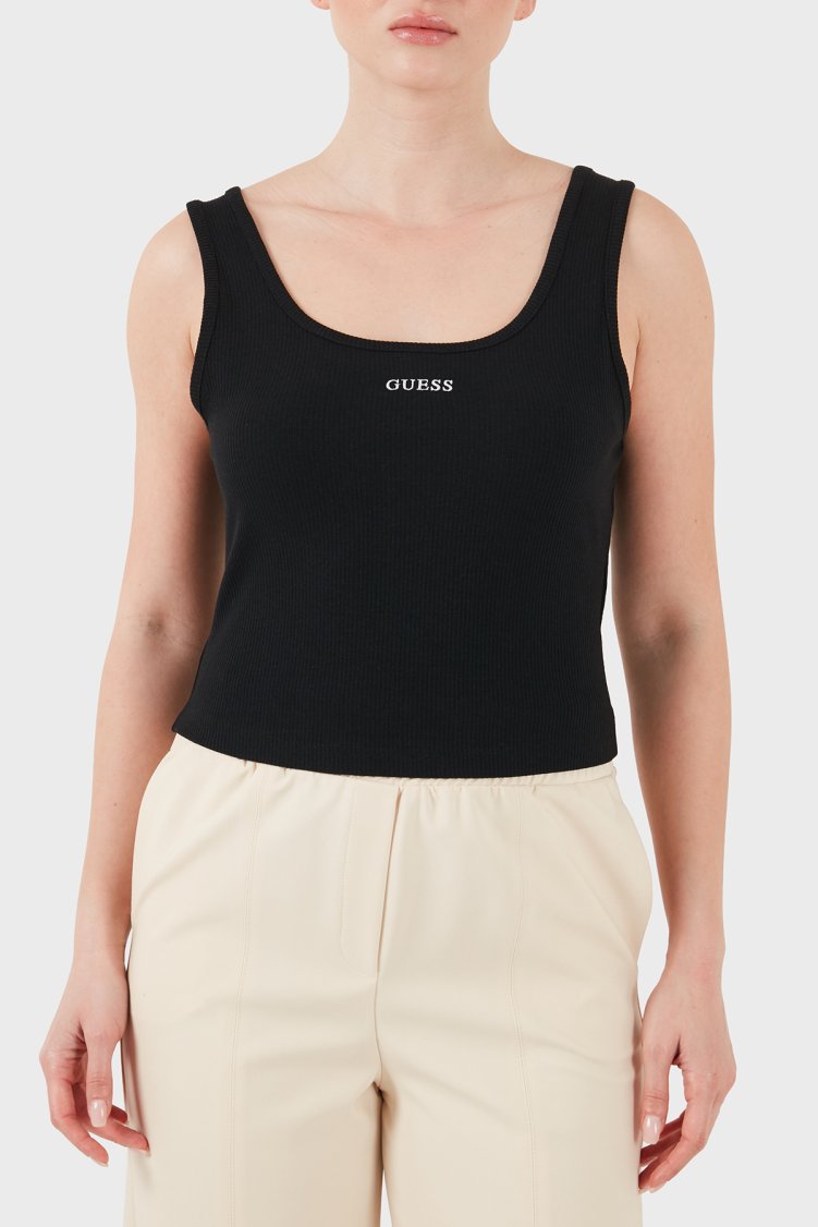 Guess Fitilli Slim Fit Yuvarlak Yaka V6GP05K2970 Kadın Top V6GP05 K2970 JBLK SİYAH - Guess