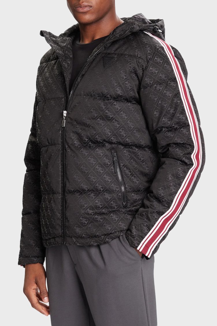 Guess Fusco 4G Logolu Şerit Detaylı Regular Fit Kapüşonlu Şişme Z5BL02WFIQ2 Erkek Mont Z5BL02 WFIQ2 FJ9Y SİYAH - Guess