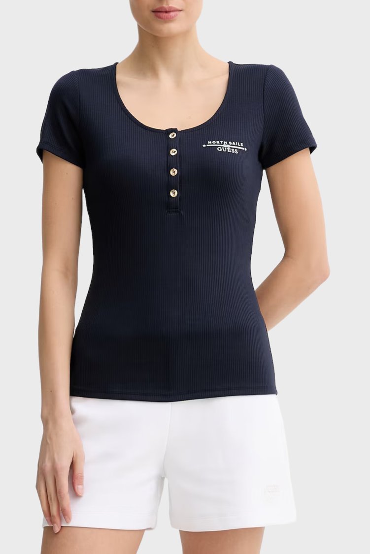 Guess Guessxns Slim Fit Logolu Düğmeli Yuvarlak Yaka W6GP01K2658 Bayan Top W6GP01 K2658 G7V2 SİYAH - Guess