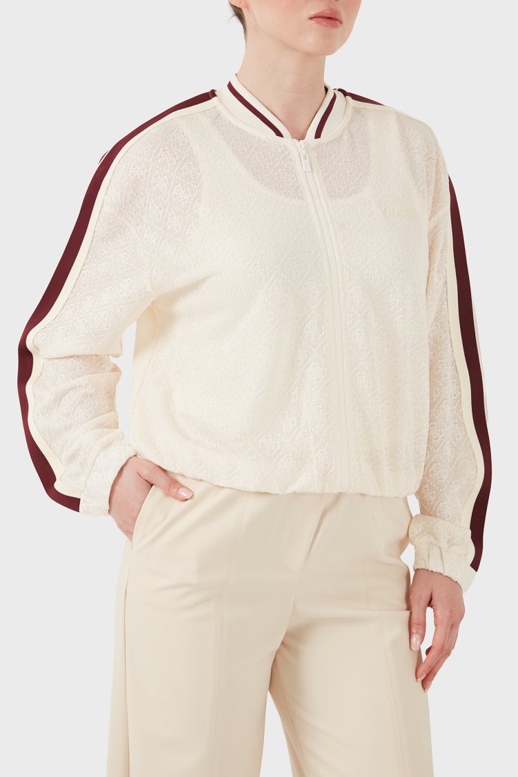 Guess Jakarlı Logolu Kolej Yaka Fermuarlı V6GL01K2960 Kadın Sweat V6GL01 K2960 FW07 KREM - Guess