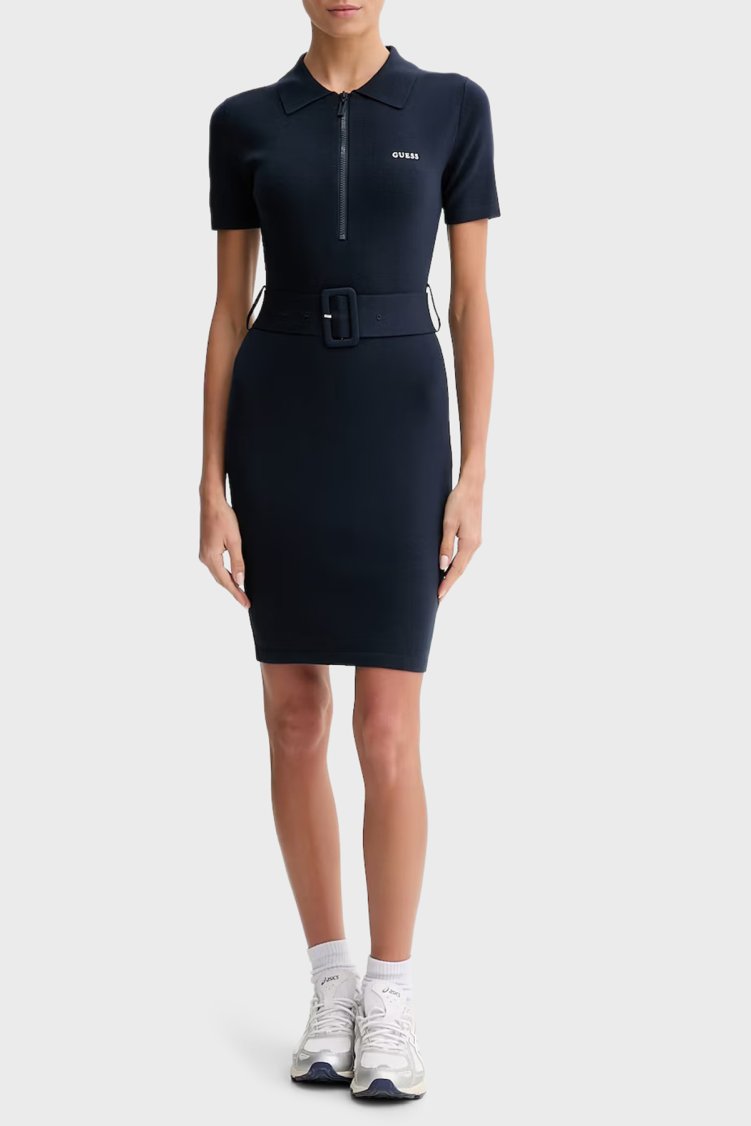 Guess Laurene Slim Fit Kemer Detaylı Fermuarlı Polo Yaka Triko V6RK08Z4642 Bayan Elbise V6RK08 Z4642 G7R1 LACİVERT - Guess (1)