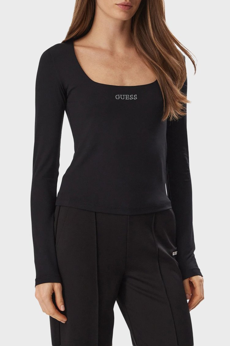 Guess Lotus Logolu Slim Fit Geniş Yaka V6BP05K6318 Kadın Top V6BP05 K6318 JBLK Siyah - Guess