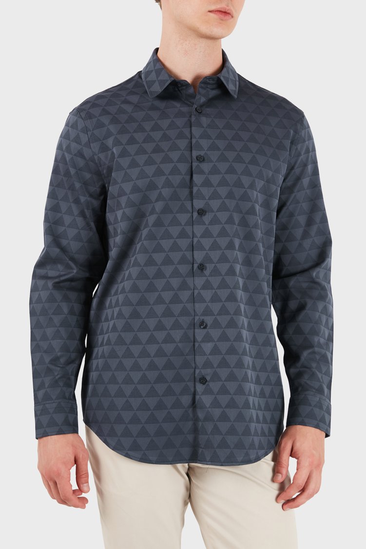 Guess Ls All Over Jacquard Logolu Jakarlı Klasik Yaka Uzun Kollu M6YH31W2892 Erkek Gömlek M6YH31 W2892 FBHQ Lacivert - Guess