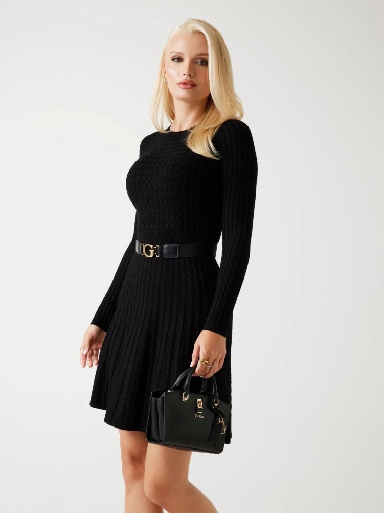 Guess Ls Cn Flare Fit Bisiklet Yaka Kemer Detaylı Mini Triko W5BK68Z2YJ2 Bayan Elbise W5BK68 Z2YJ2 JBLK SİYAH - Guess