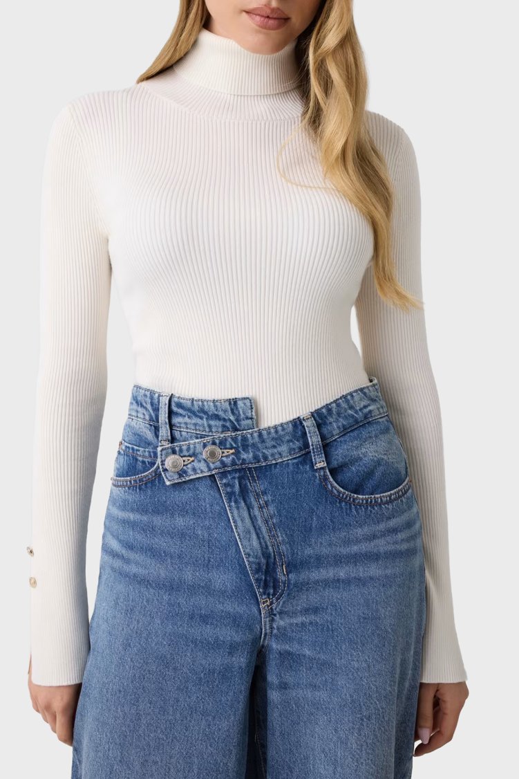 Guess Ls Tn Ellie Slim Fit Balıkçı Yaka Fitilli W6BR29Z1417 Kadın Kazak W6BR29 Z1417 G012 Beyaz - Guess
