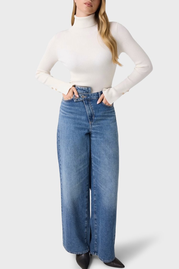 Guess Ls Tn Ellie Slim Fit Balıkçı Yaka Fitilli W6BR29Z1417 Kadın Kazak W6BR29 Z1417 G012 Beyaz - Guess (1)