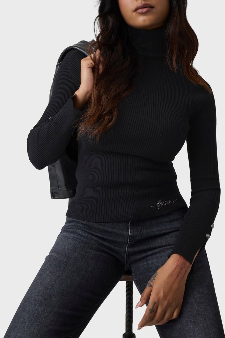 Guess Ls Tn Ellie Slim Fit Balıkçı Yaka Fittilli W6BR29Z1417 Kadın Kazak W6BR29 Z1417 JBLK Siyah - Guess
