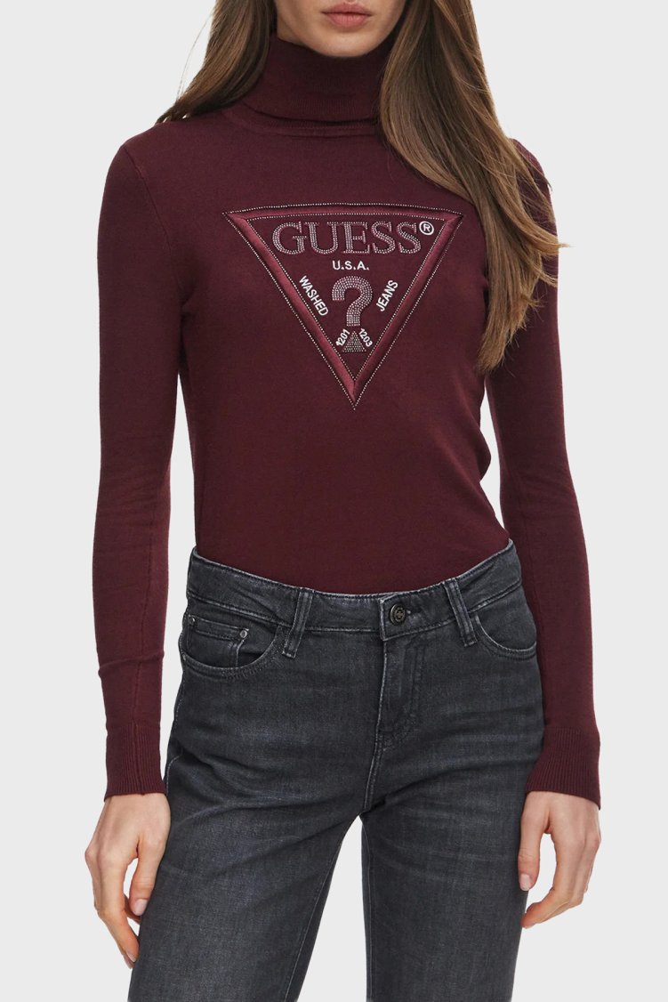 Guess Ls Tn Hallie Triangle Logolu Regular Fit Balıkçı Yaka W6BR54Z1455 Kadın Kazak W6BR54 Z1455 G596 Bordo - Guess