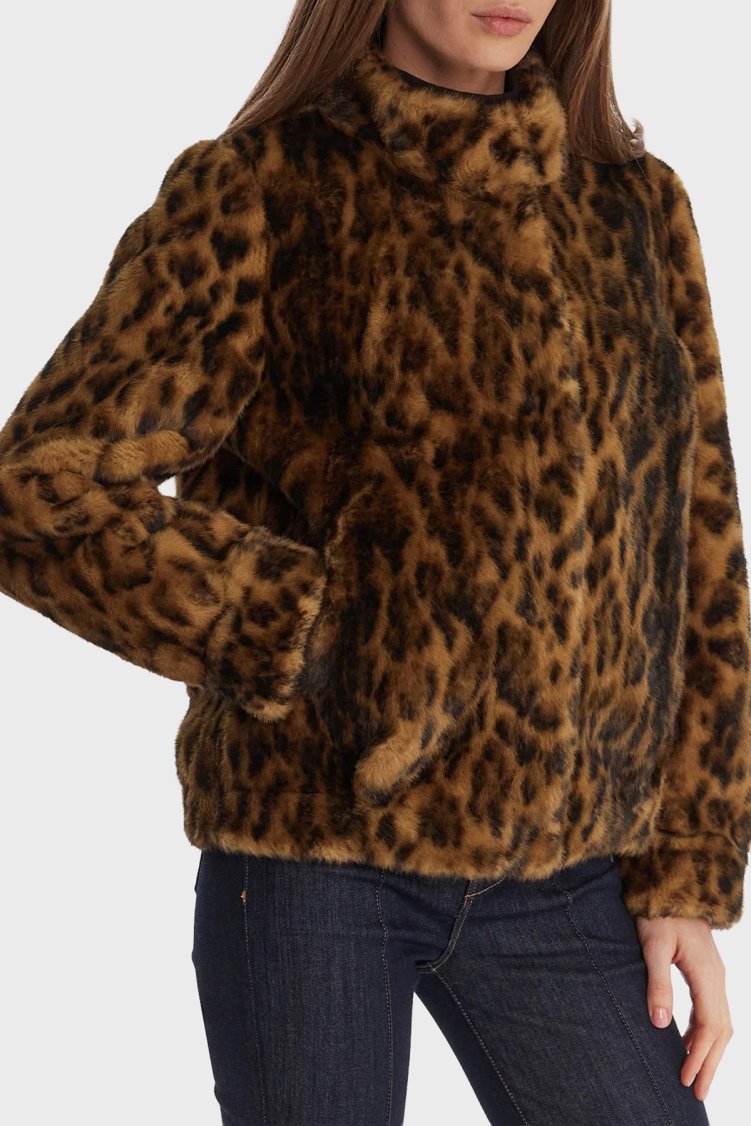Guess Luna Leopar Desenli Regular Fit Dik Yaka Suni Kürk W5BL65W3900 Bayan Mont W5BL65 W3900 P340 LEOPAR - Guess