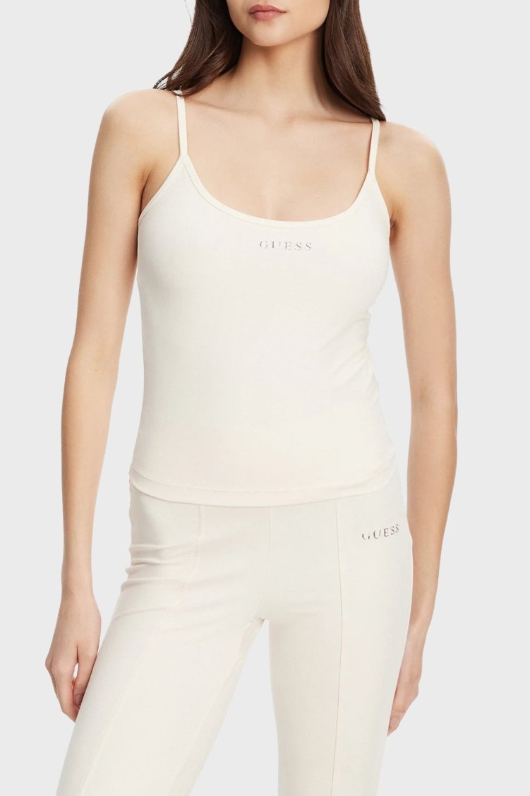 Guess Margot Logolu Slim Fit Yuvarlak Yaka İnce Askılı V5RP09KCD02 Kadın Top V5RP09 KCD02 G6K5 EKRU - Guess
