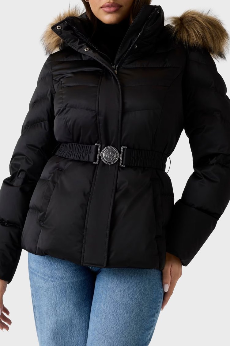 Guess Marina Regular Fit Çıkarılabilir Kapüşonlu Kemerli W5BL31W2802 Bayan Mont W5BL31 W2802 JTMU SİYAH - Guess