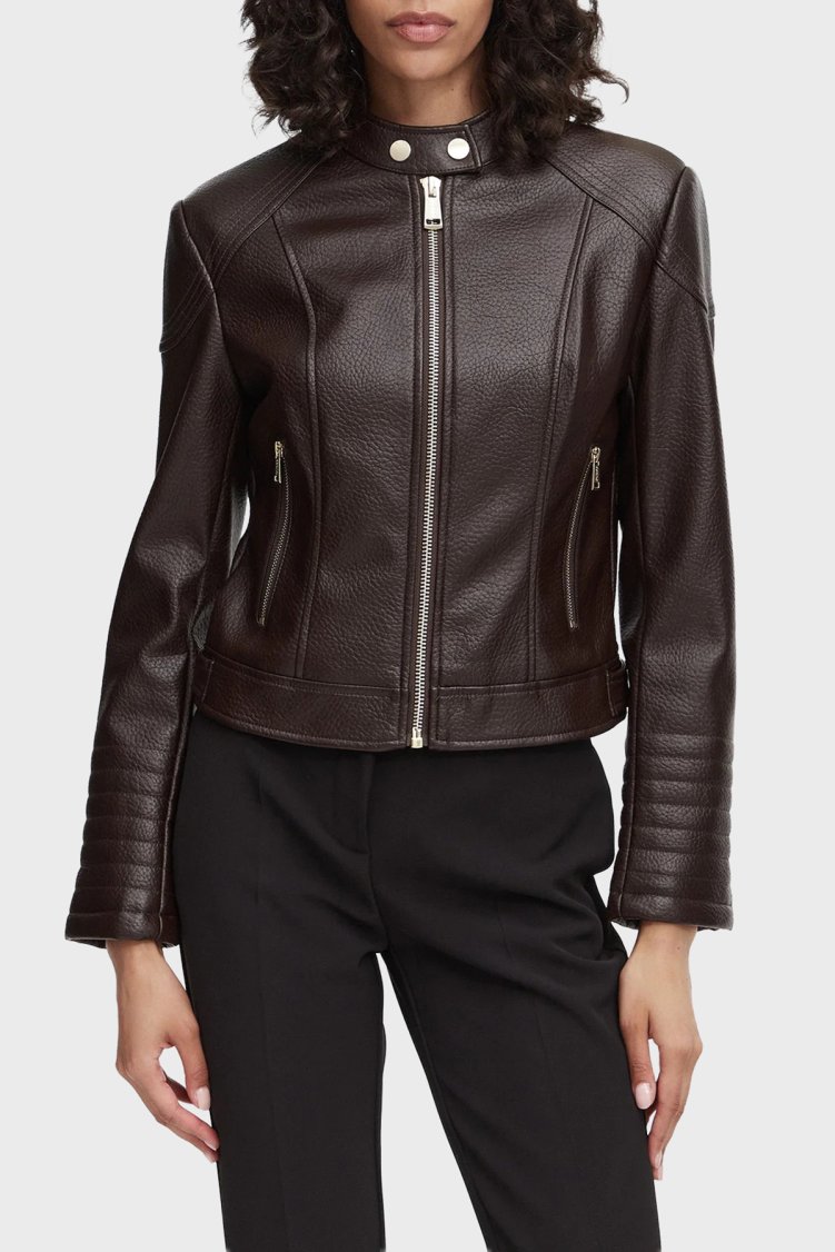 Guess Marlene Regular Fit Dik Yaka W6YL25W2914 Kadın Deri Ceket W6YL25 W2914 A14Z Koyu kahve - Guess