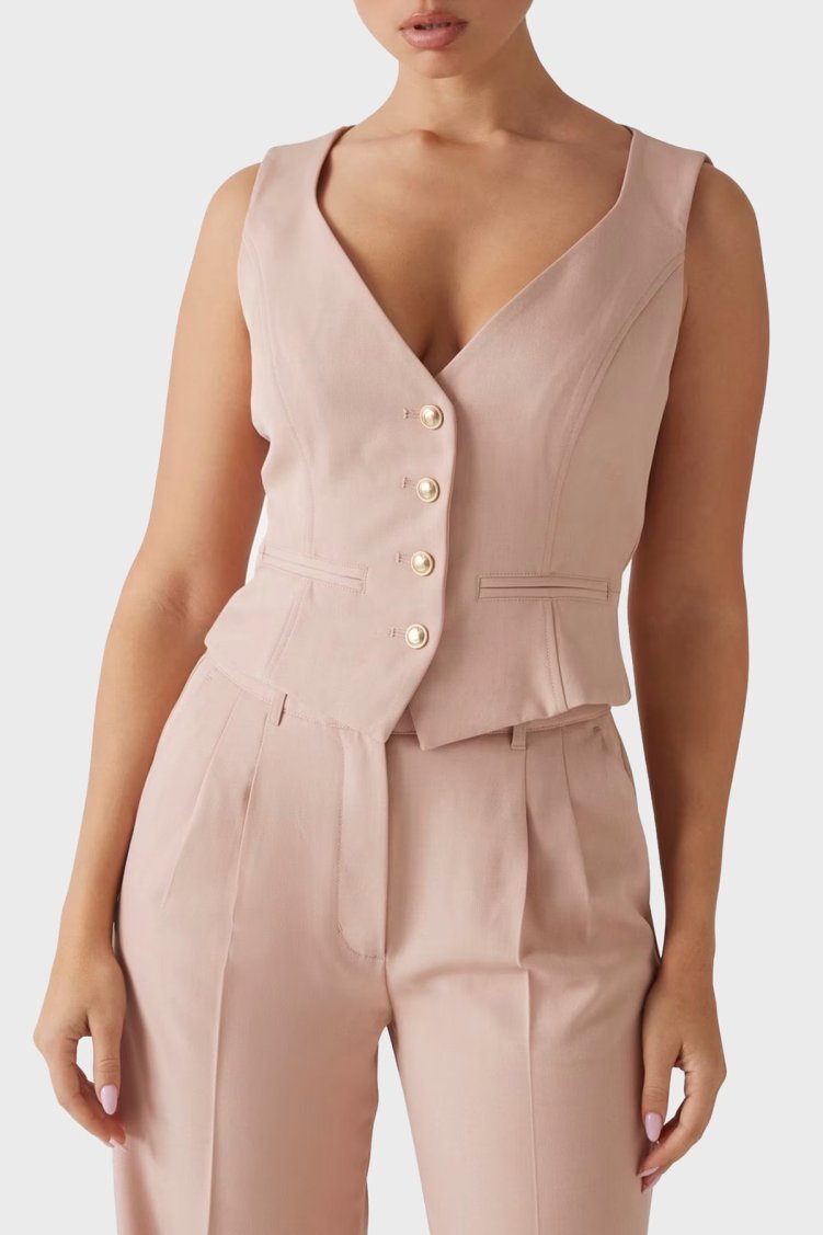 Guess Matea Regular Fit V Yaka Logo Düğmeli W5RH85WGX02 Bayan Yelek W5RH85 WGX02 F6K9 PUDRA - Guess