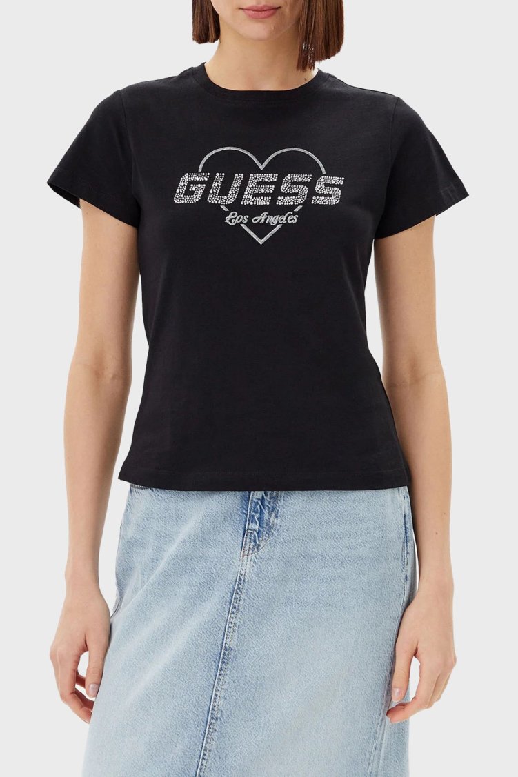 Guess Narciso Taşlı Logo Pamuklu Regular Fit V5GI10K9RM1 Bayan T Shirt V5GI10 K9RM1 JBLK SİYAH - Guess