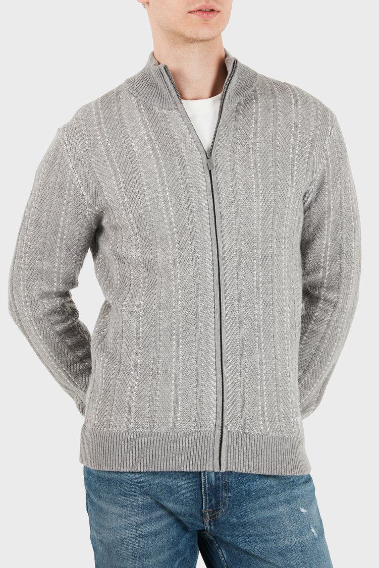 Guess Nash Herringbone Yün Karışımlı Dik Yaka Fermuarlı M6BR17Z1365 Erkek Kazak M6BR17 Z1365 FMKX Gri - Guess