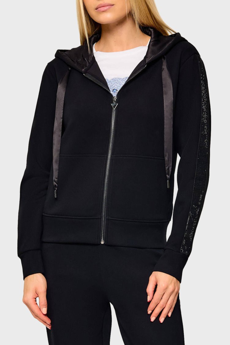Guess New Hooded Victorie Logolu Kapüşonlu Yaka Fermuarlı Kadın Sweat W6BQ12 K6058 JBLK Siyah - Guess
