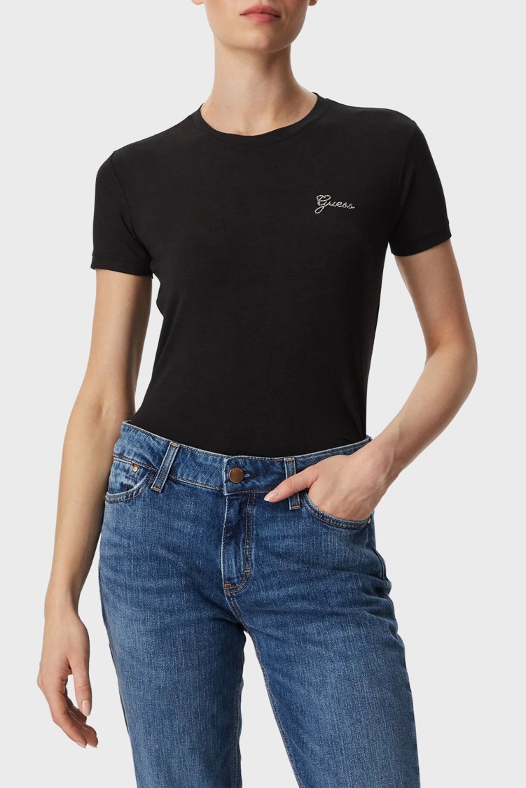 Guess New SS Cn Mini Logolu W6YI12K3751 Kadın T Shirt W6YI12 K3751 JBLK Siyah - Guess