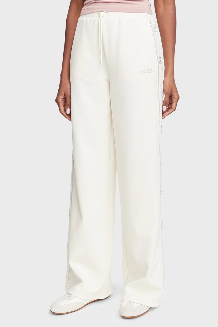 Guess Octavia Loose Fit Normal Bel Geniş Paça Taş Detaylı V5BB12KCX22 Kadın Pantolon V5BB12 KCX22 G027 Beyaz - Guess